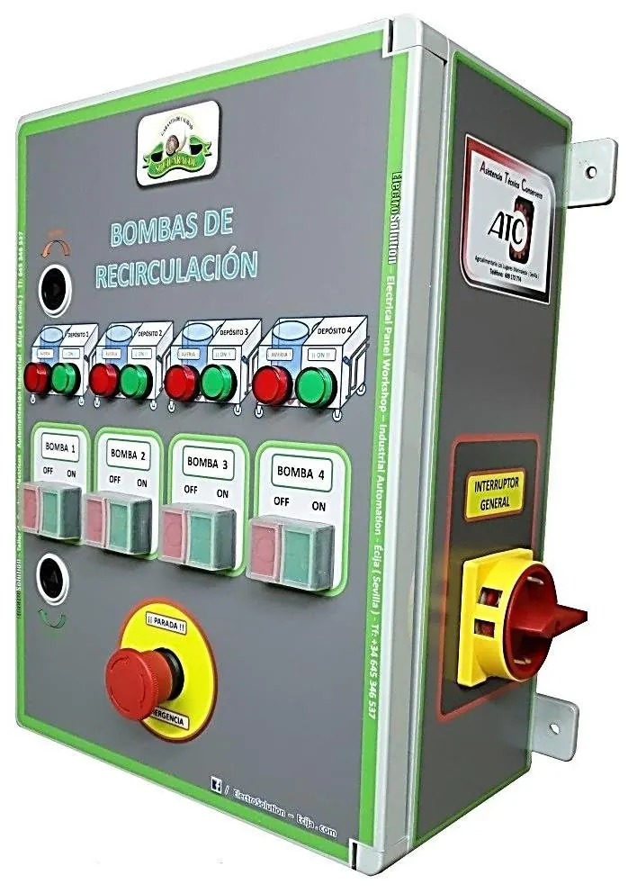 Frontal del cuadro de bombas de recirculación, con pilotos, selectores y seta de emergencia